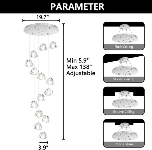 14 Lights Chandeliers Modern LED Crystal Ceiling Light Flush Mount Sloped High Ceiling Light Staircase Luxury Pendant Light Living Room Entryway Foyer Chandelier 138"