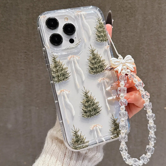 Bowknot Pine Tree Pattern TPU Anti-Fall Phone Case with Fashionable Lanyard, Suitable for Apple 17, 17 Pro Max, 16 Pro Max, 16, 14/13 Pro Max/12 Pro/11/Xr/Xs/7/8 Plus, Samsung S10/S22/A12/A50/A52/S24/A135G and Other Models - Durable TPU Material Airbag.